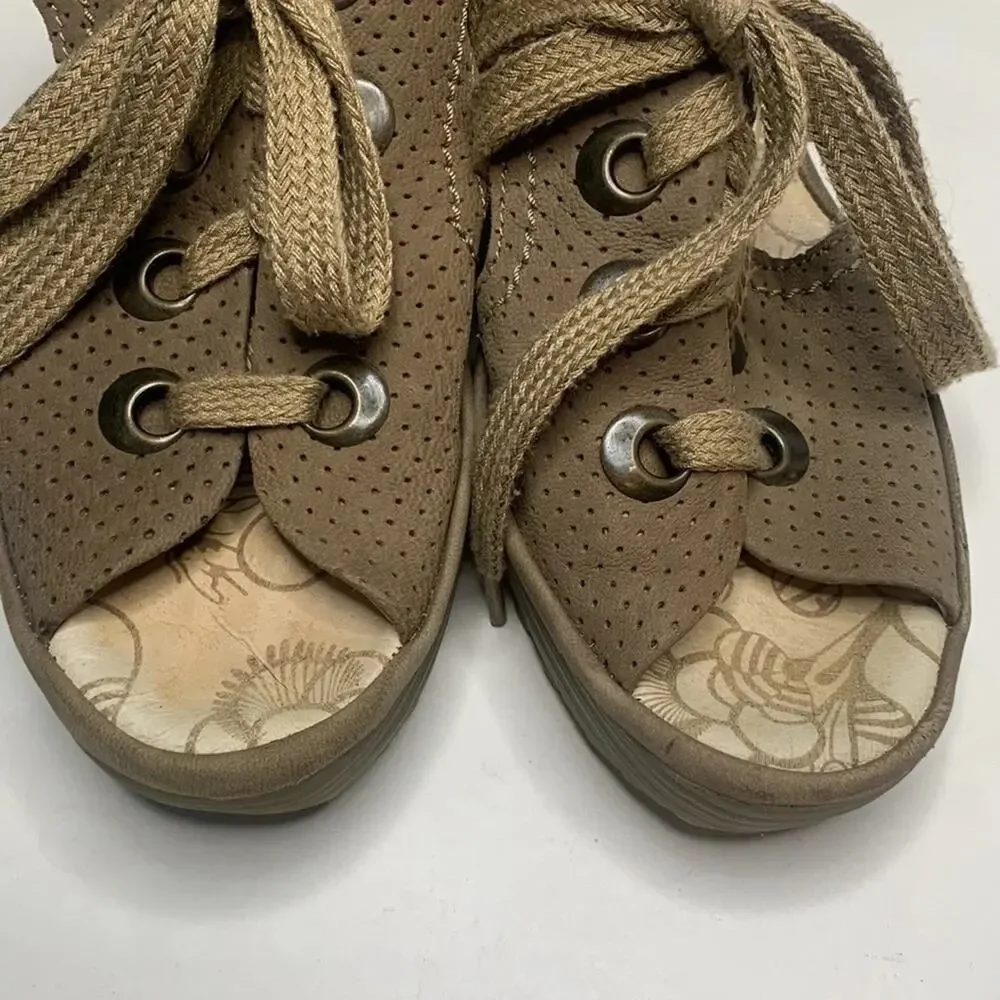 Fly London Yiva Perforated Taupe Lace Up Wedge Sandals S-055 Sz 40 EU / 9-9.5 US